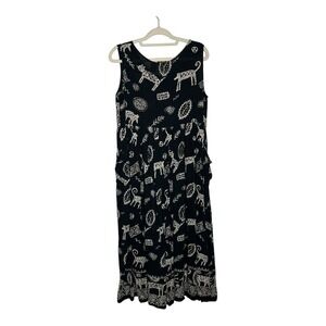 Bila Full‎ Button Front Crinkle Dress Black Animals Womens Small Sundress Vtg
